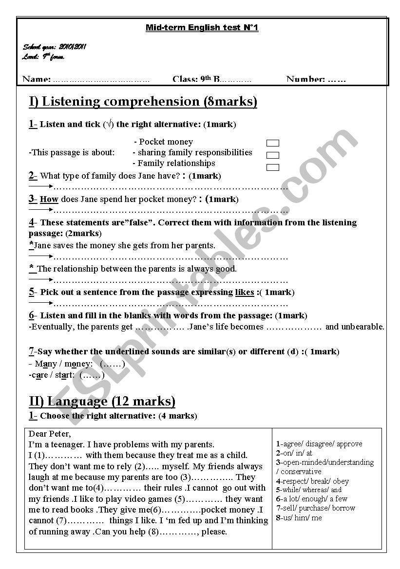 9 th year mid term test n1 worksheet