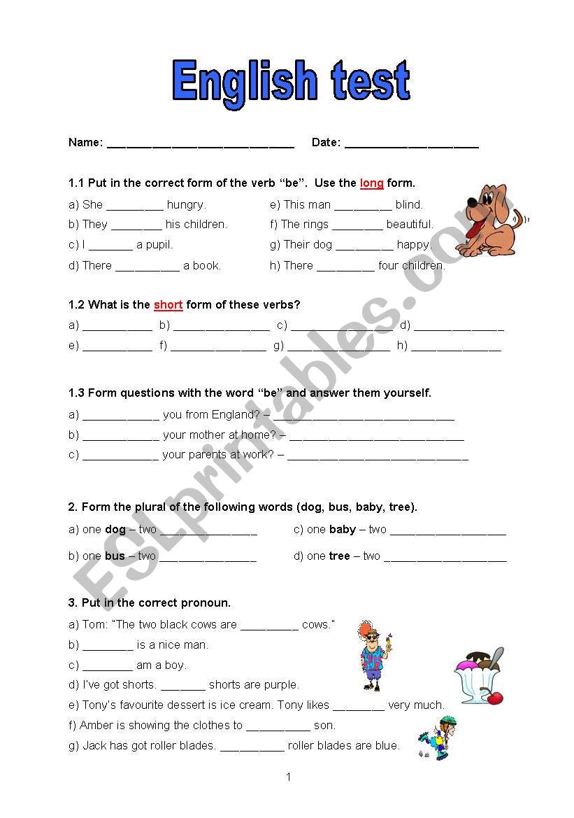 1st English test for elementary students
