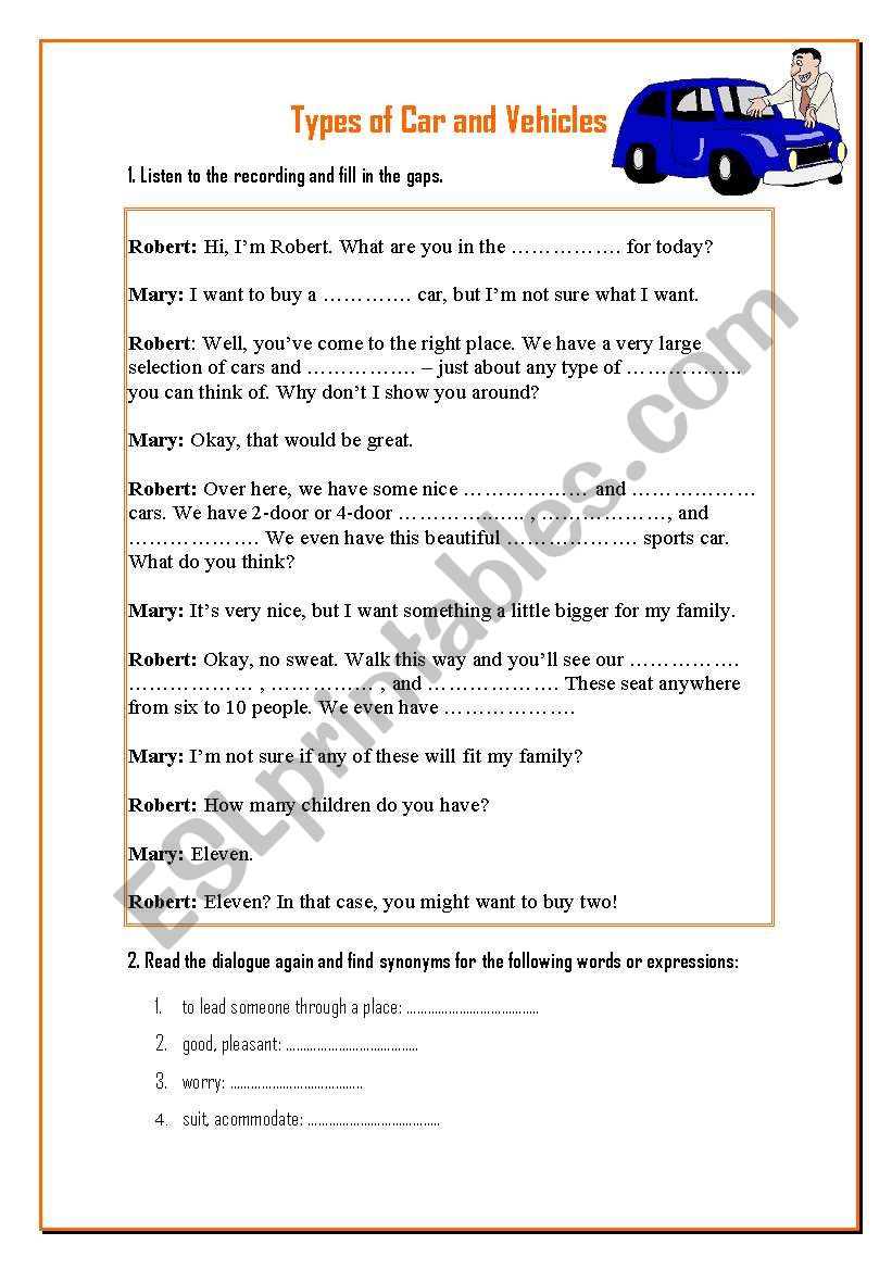 TYPES OF CAR AND VEHICLES worksheet