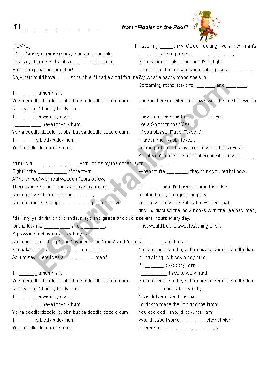If I Were A Rich Man worksheet