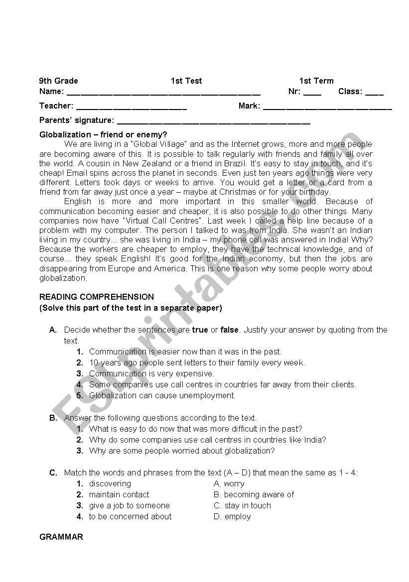 Globalization worksheet worksheet