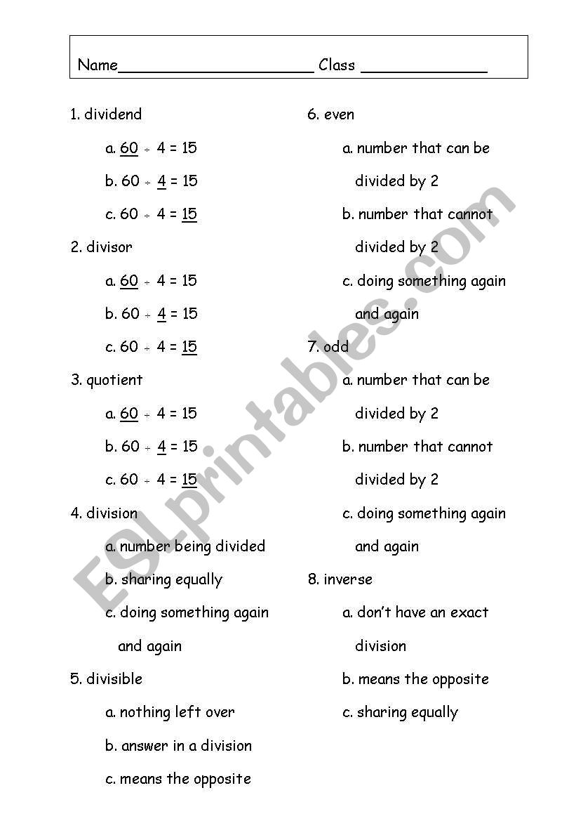 Math Vocab worksheet