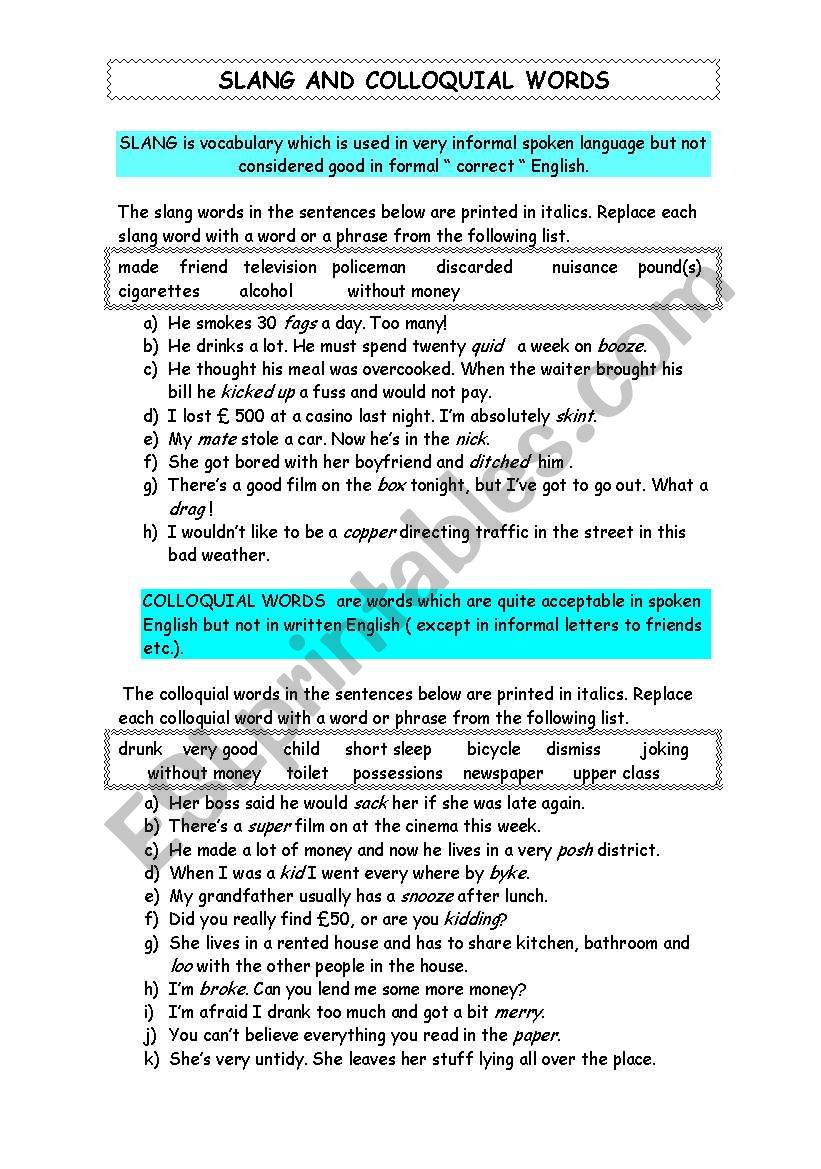 SLANG AND COLOQUIAL WORDS worksheet
