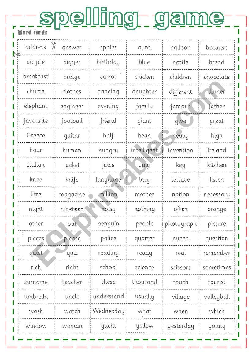 spelling game worksheet