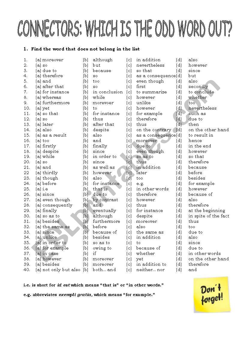 Connectors: Which is the odd word out?