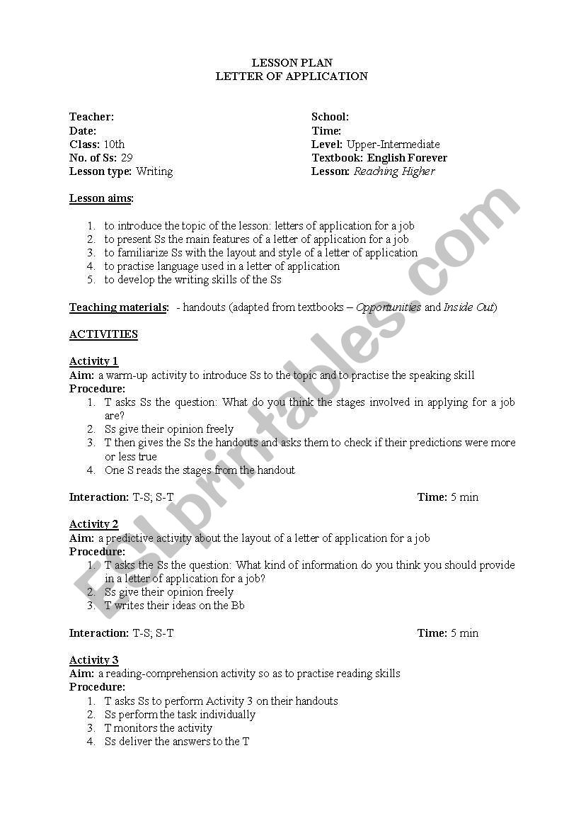 cover letter esl lesson plan