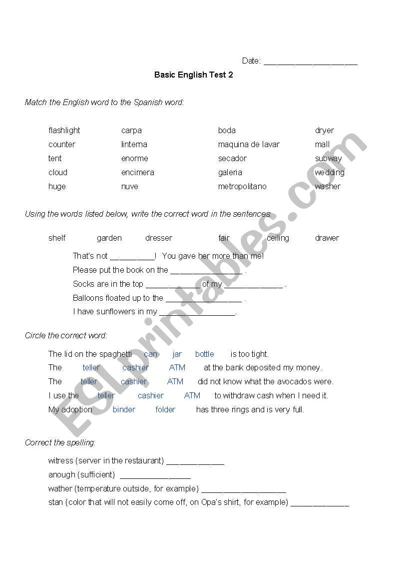 Basic English Test 2 worksheet
