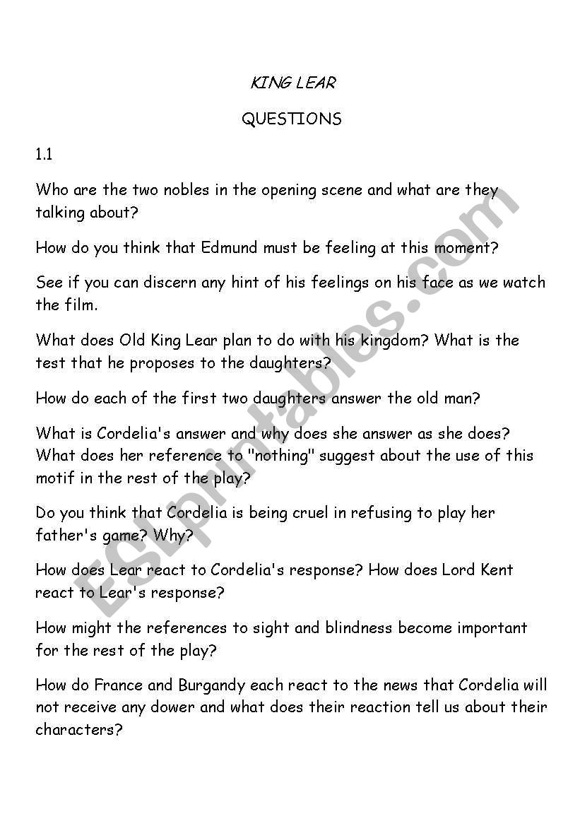 King Lear worksheet