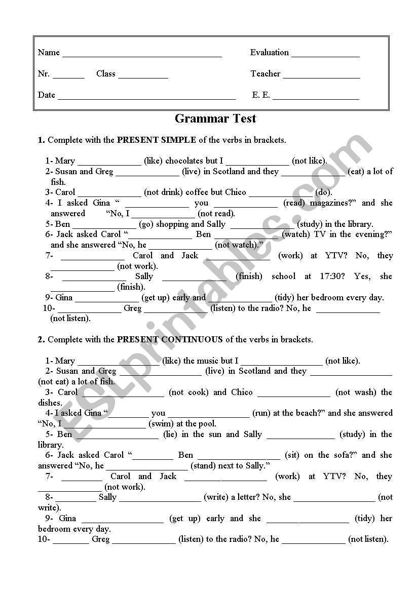 English Test worksheet