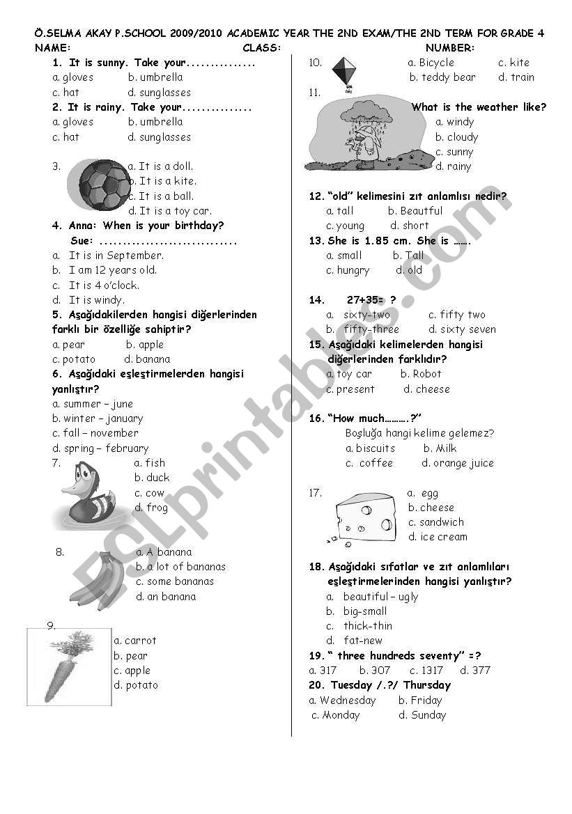 an exam worksheet