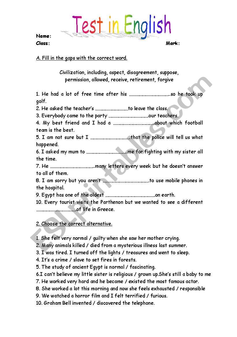 Vocabulary Test worksheet