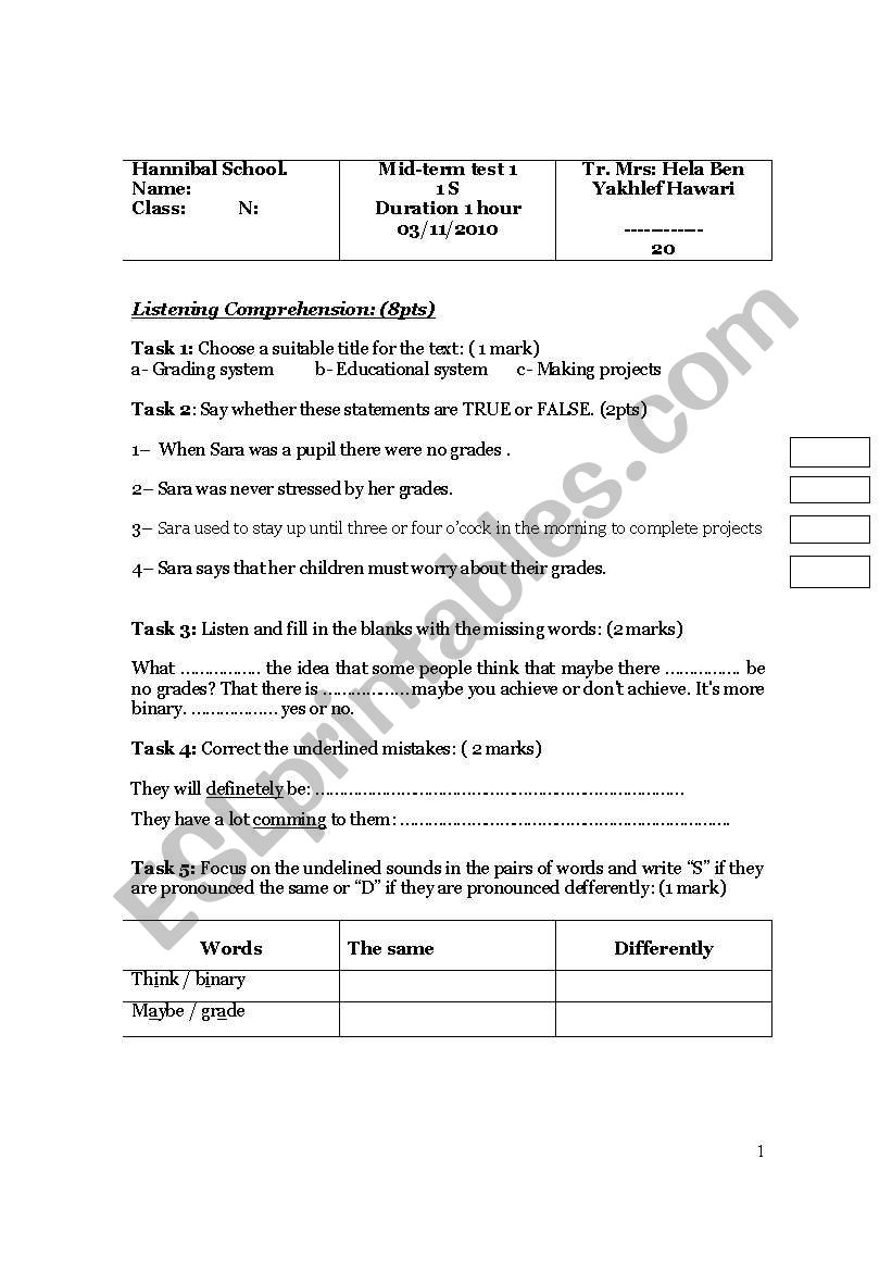 1 st Mid-term test for 1st year pupils Tunisia