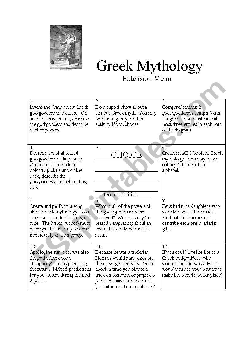 Greek Mythology Extension Menu