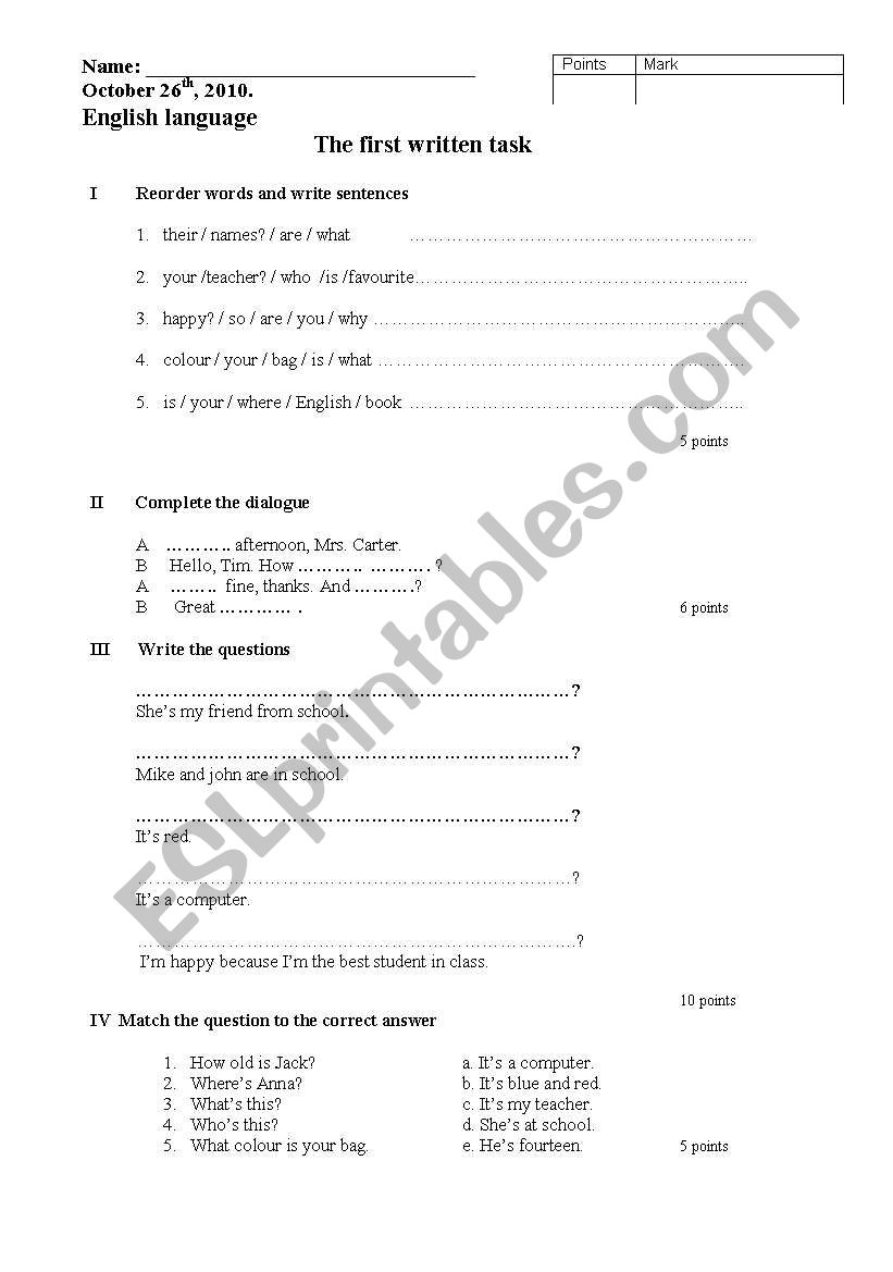 Grammar test 6th grade worksheet