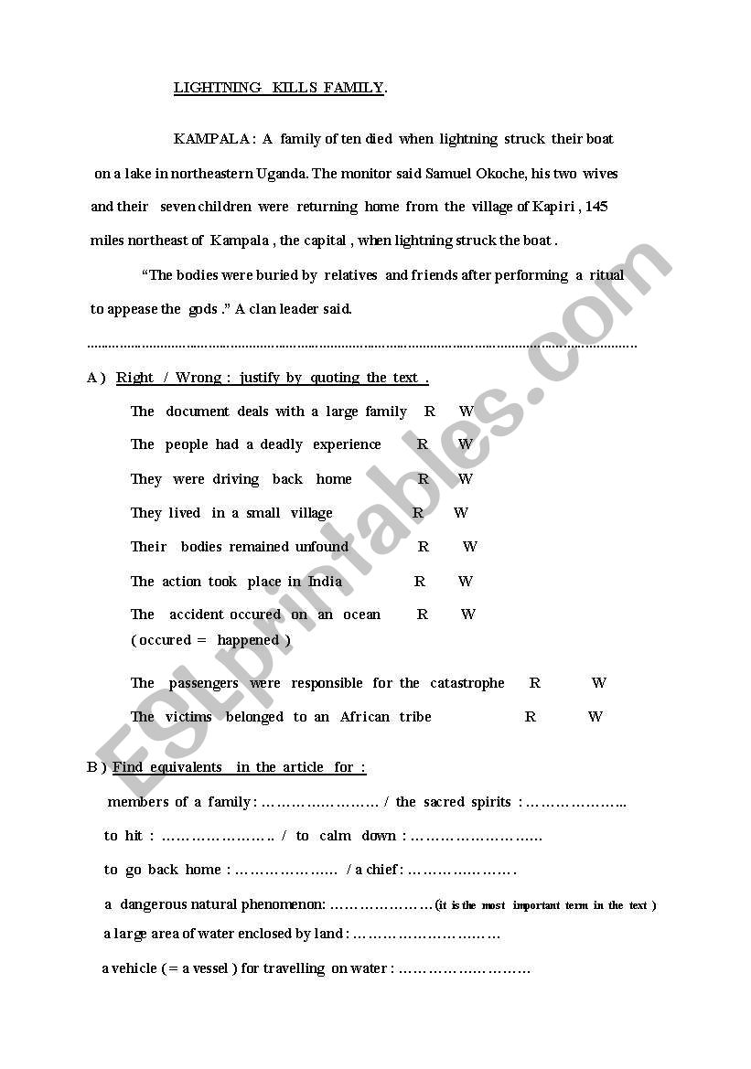 Lightning kills family - two pages 