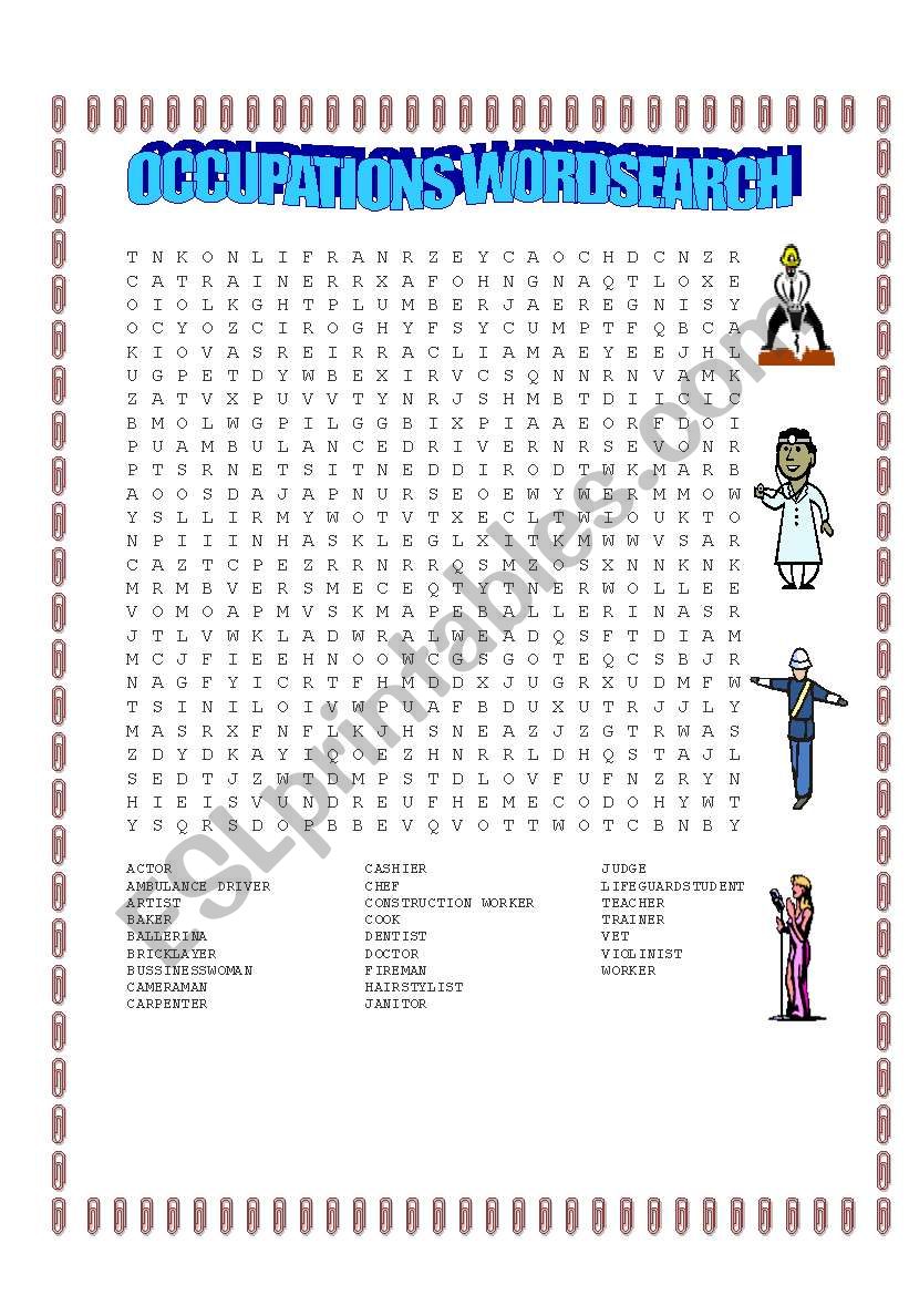 occupations wordsearch worksheet