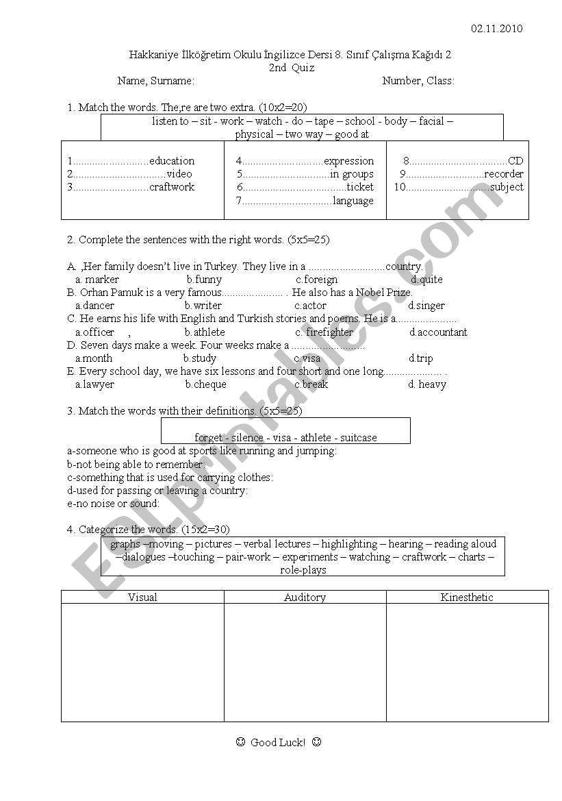 Quiz for 8th Grade learners, Unit Study Skills