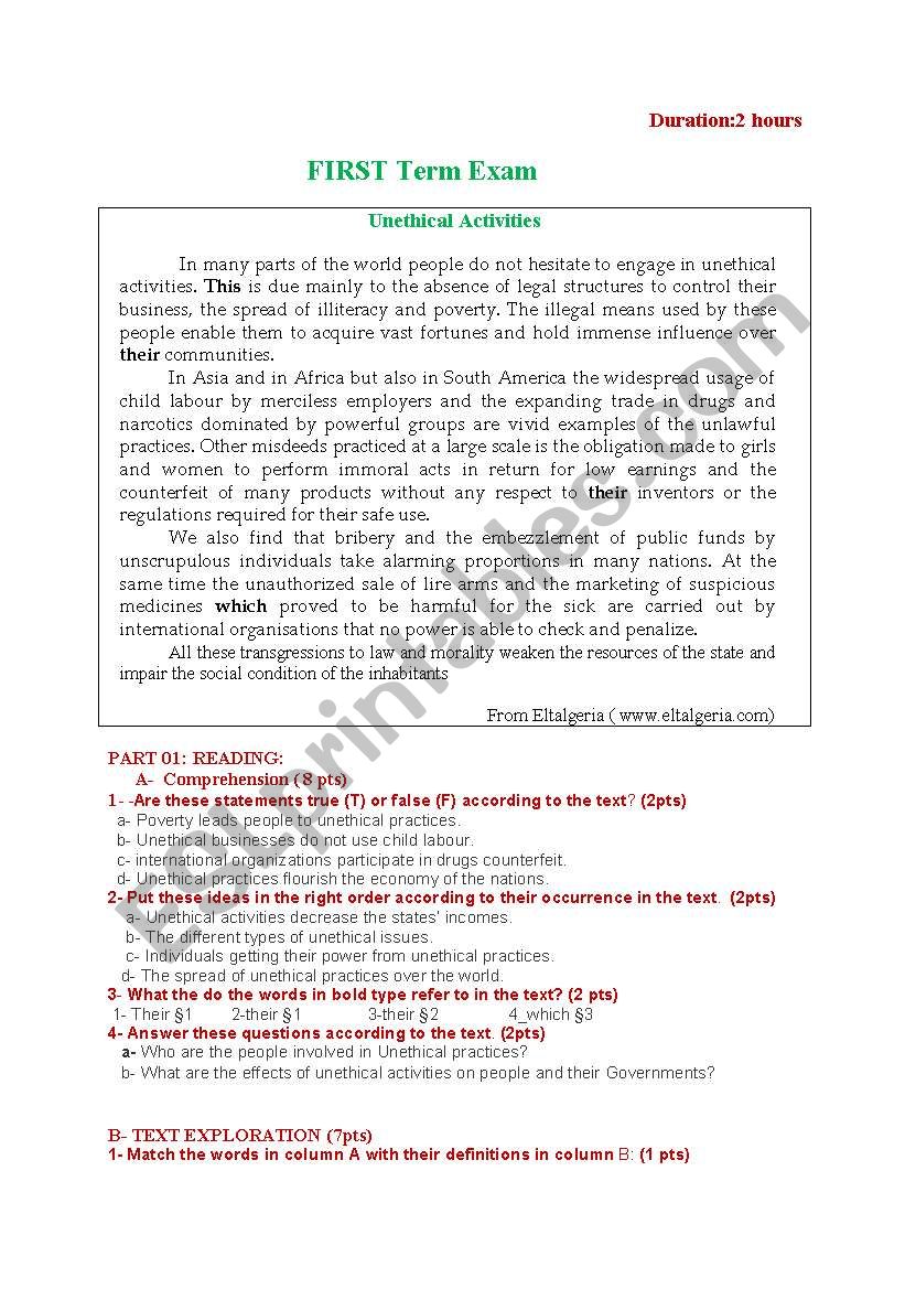 unethical activities  worksheet