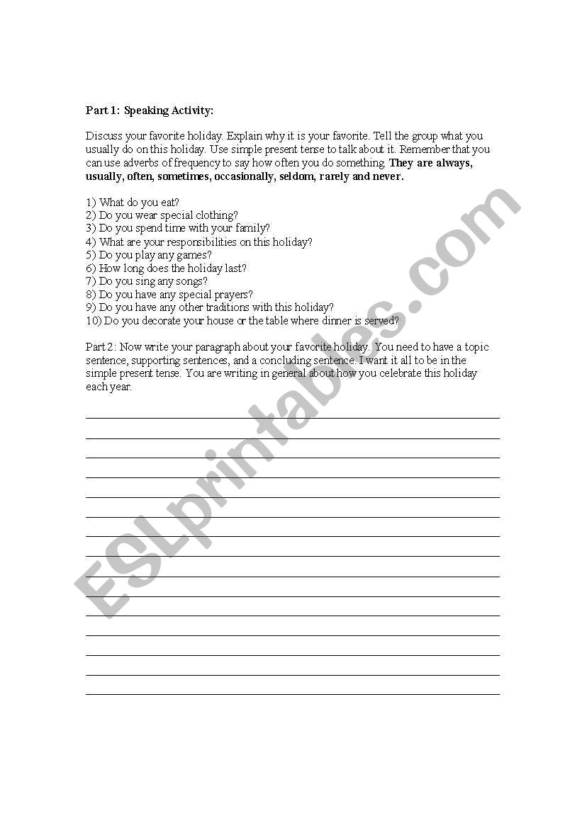 general holiday speaking and writing worksheet