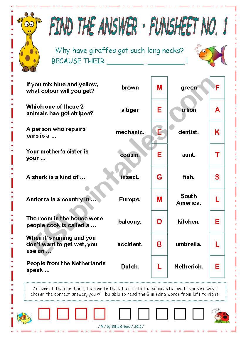 FIND THE ANSWER  FUNSHEET NO. 1  FULLY EDITABLE  ANSWER KEY INCLUDED