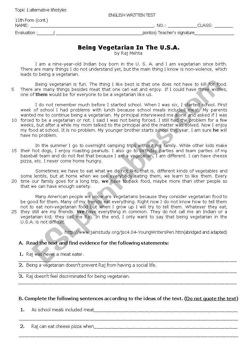 Being vegetarian in USA worksheet