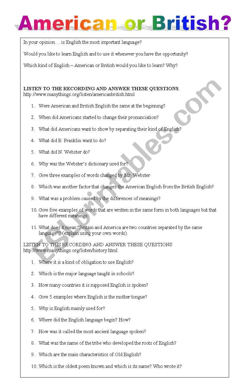 American or British English worksheet