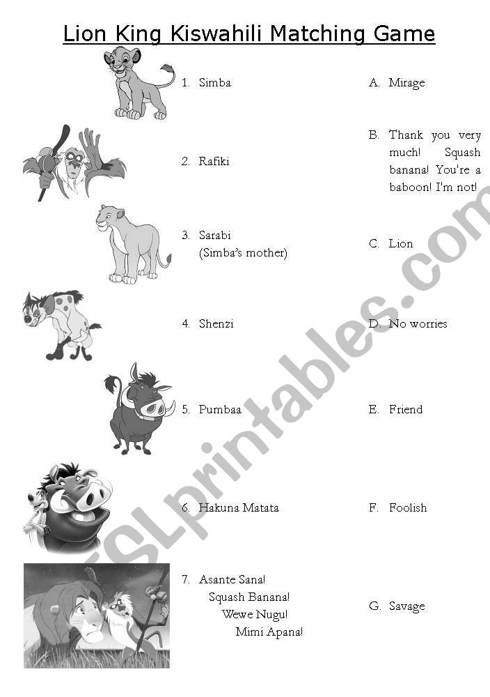 Lion King Kiswahili Matching Game