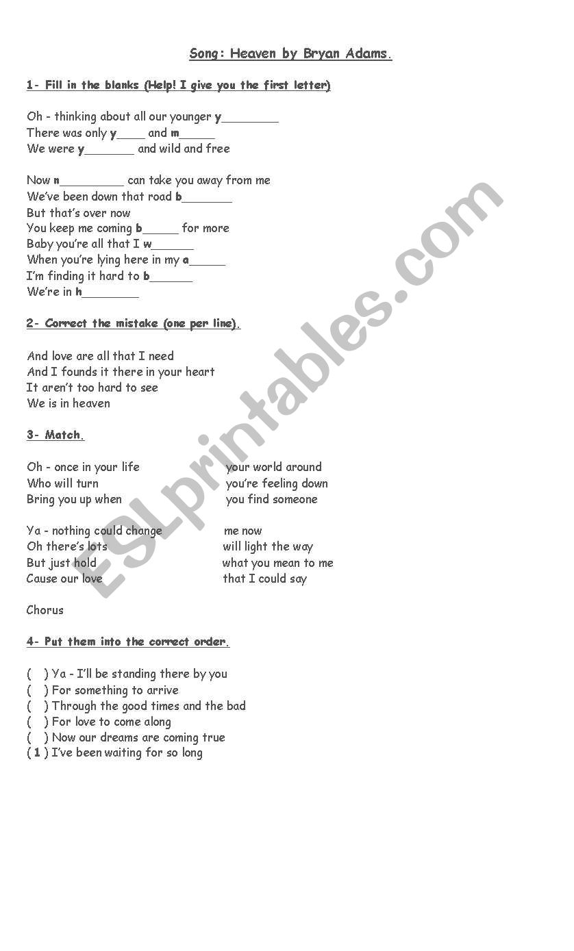 Heaven - Bryan Adams worksheet