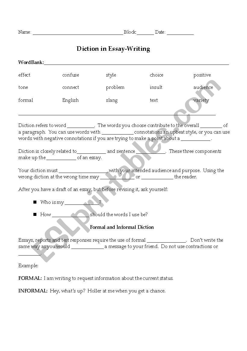 Diction Worksheet worksheet