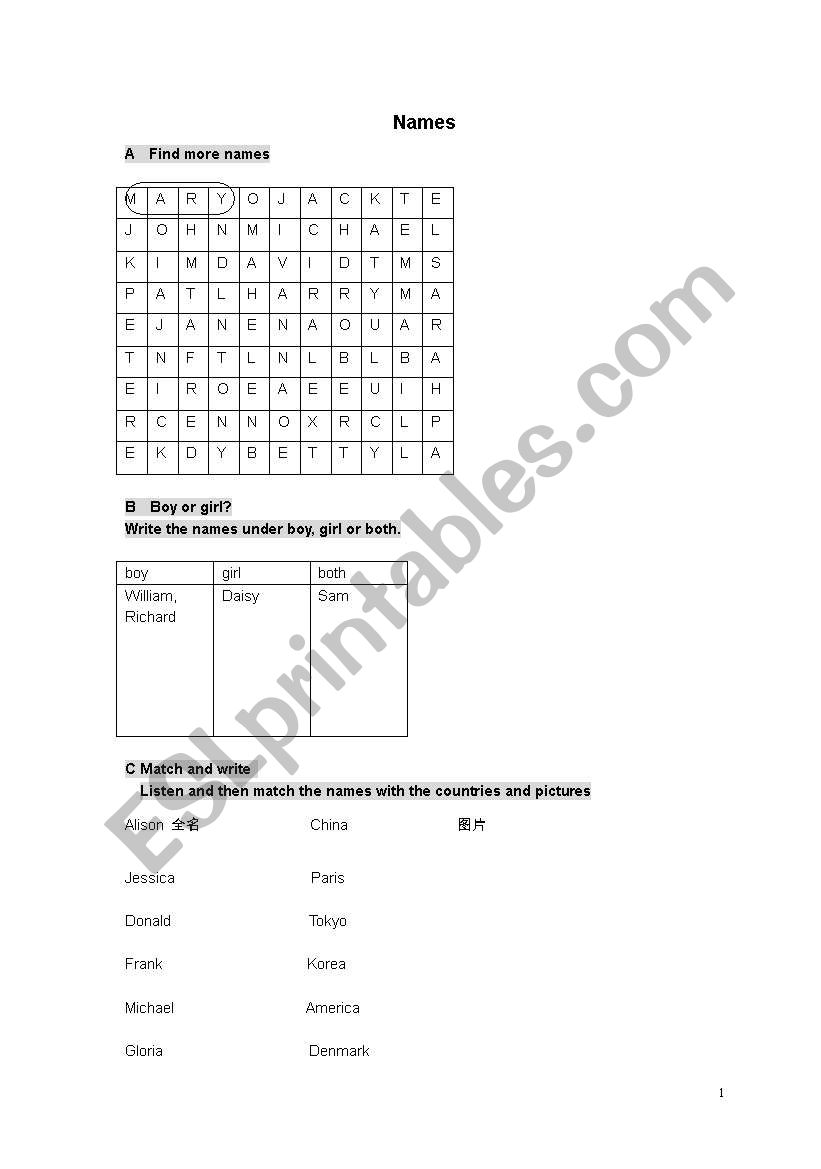 names worksheet