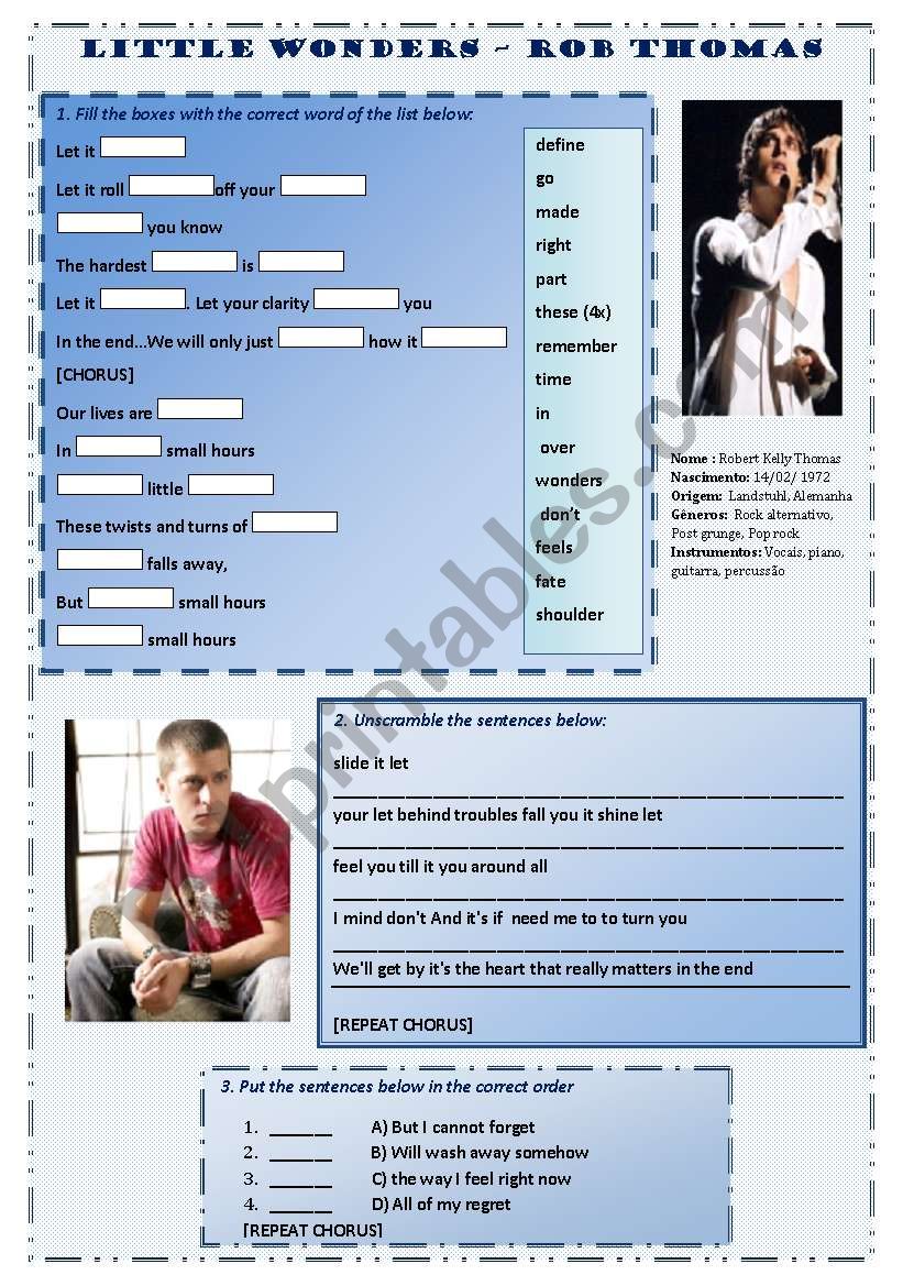 Little Wonders Rob Thomas Song Worksheet B W Version Included Esl Worksheet By Enatal