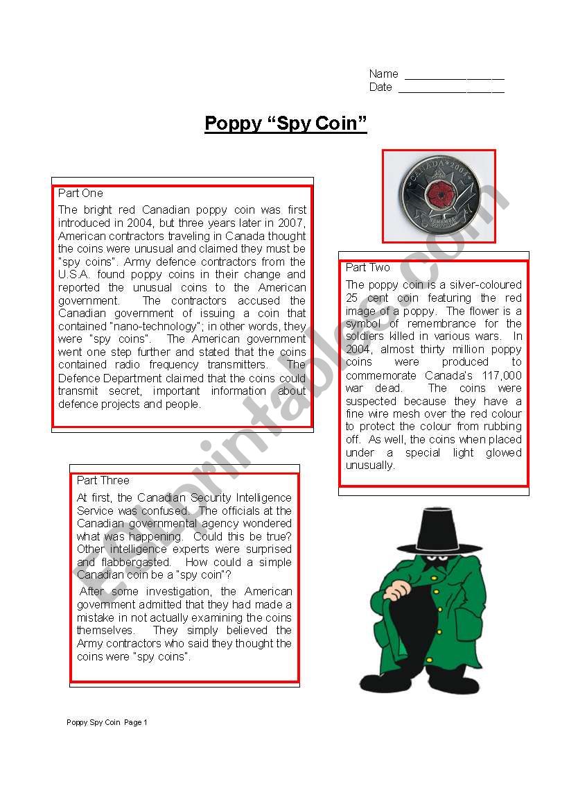 Poppy Spy Coin  worksheet