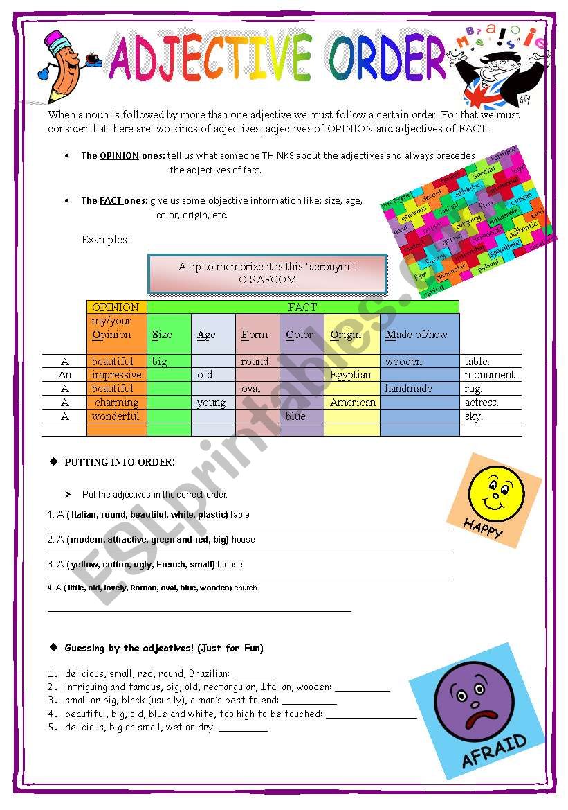 Adjective Order ESL Worksheet By Wakebeauty