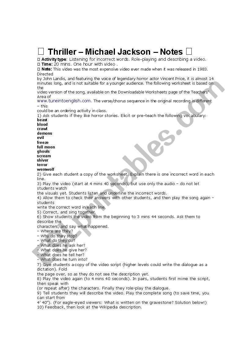 Thriller worksheet