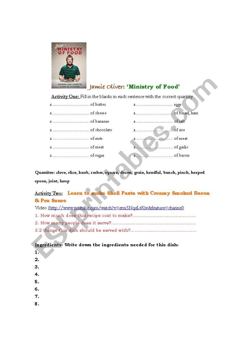Jamie Oliver: 2 Recipe Video and Worksheet Activity