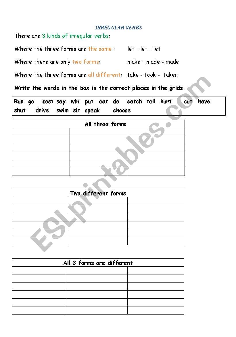 Irregular Verbs worksheet