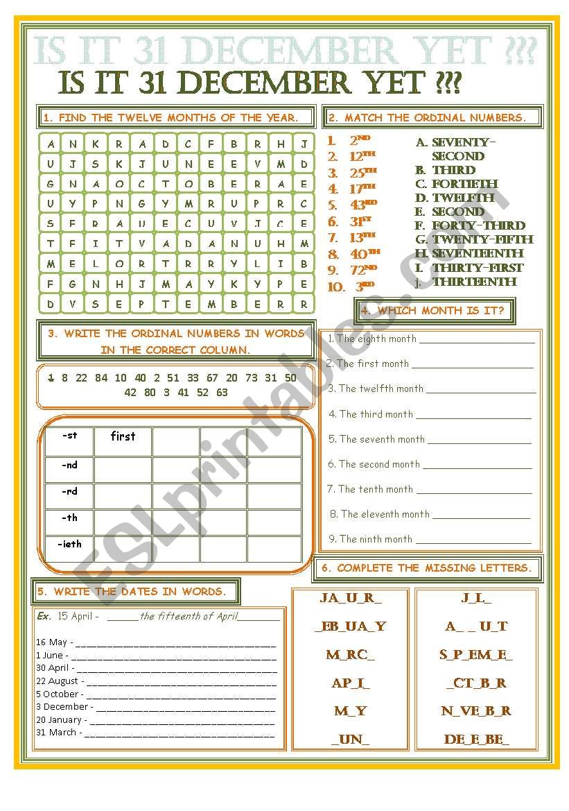 MONTHS, DATES, ORDINAL NUMBERS