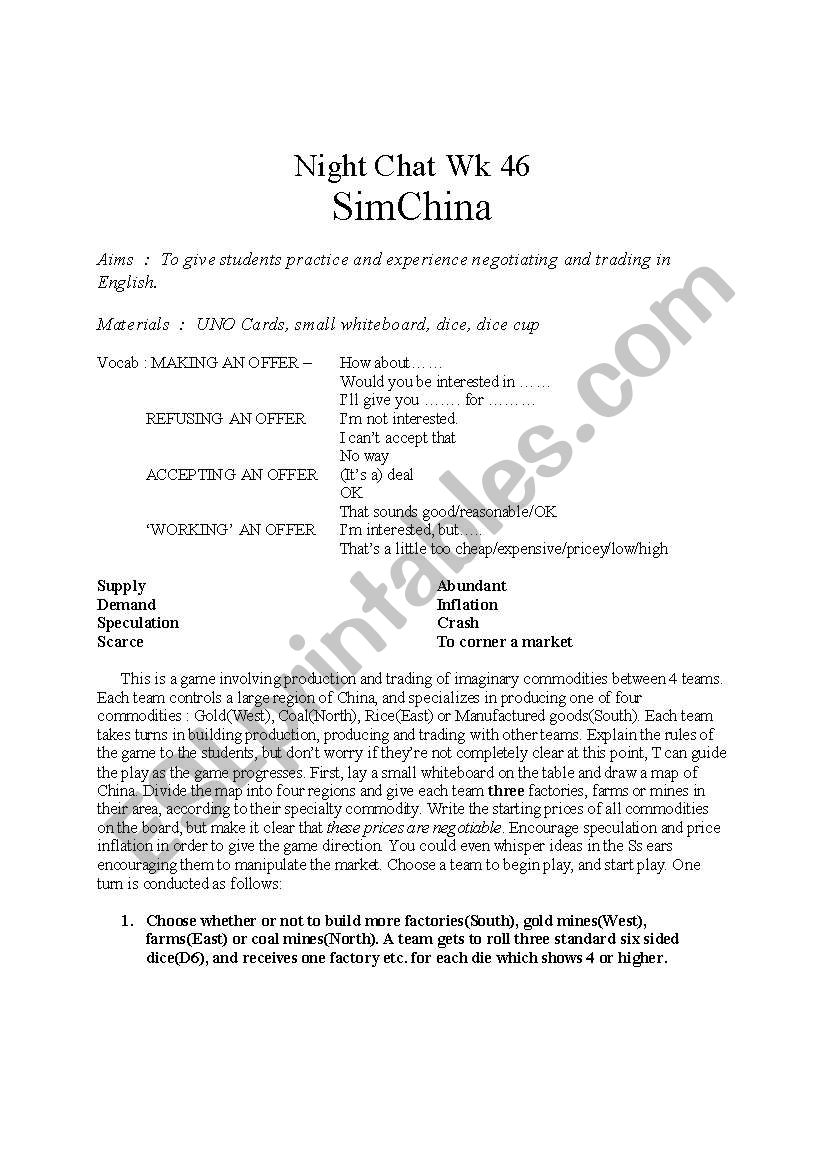 SimChina worksheet