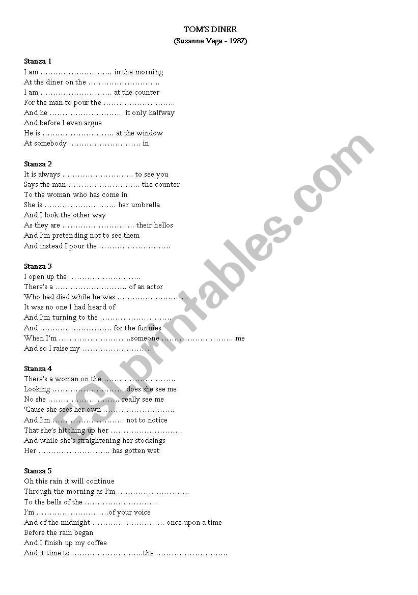 Toms Diner worksheet