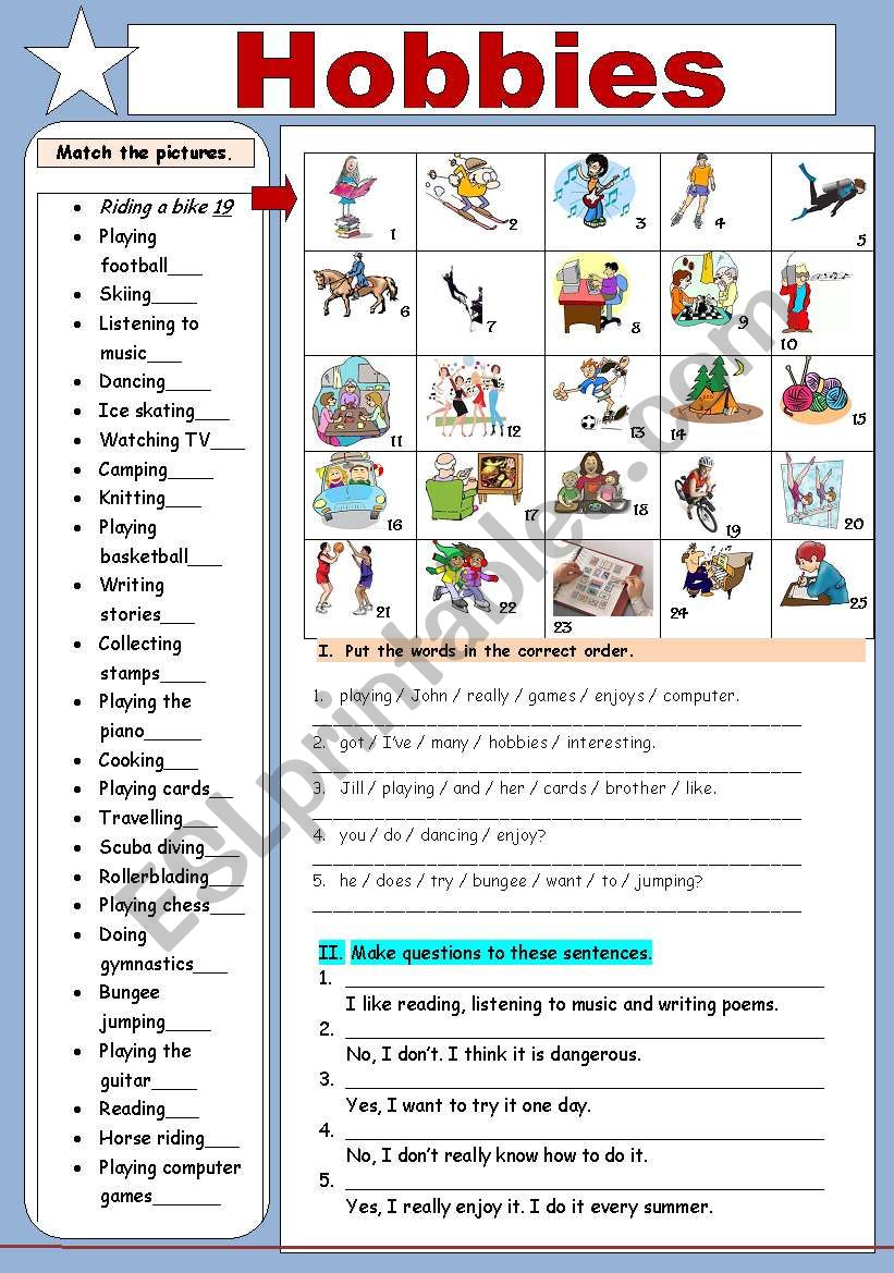 Hobbies and Present Simple worksheet