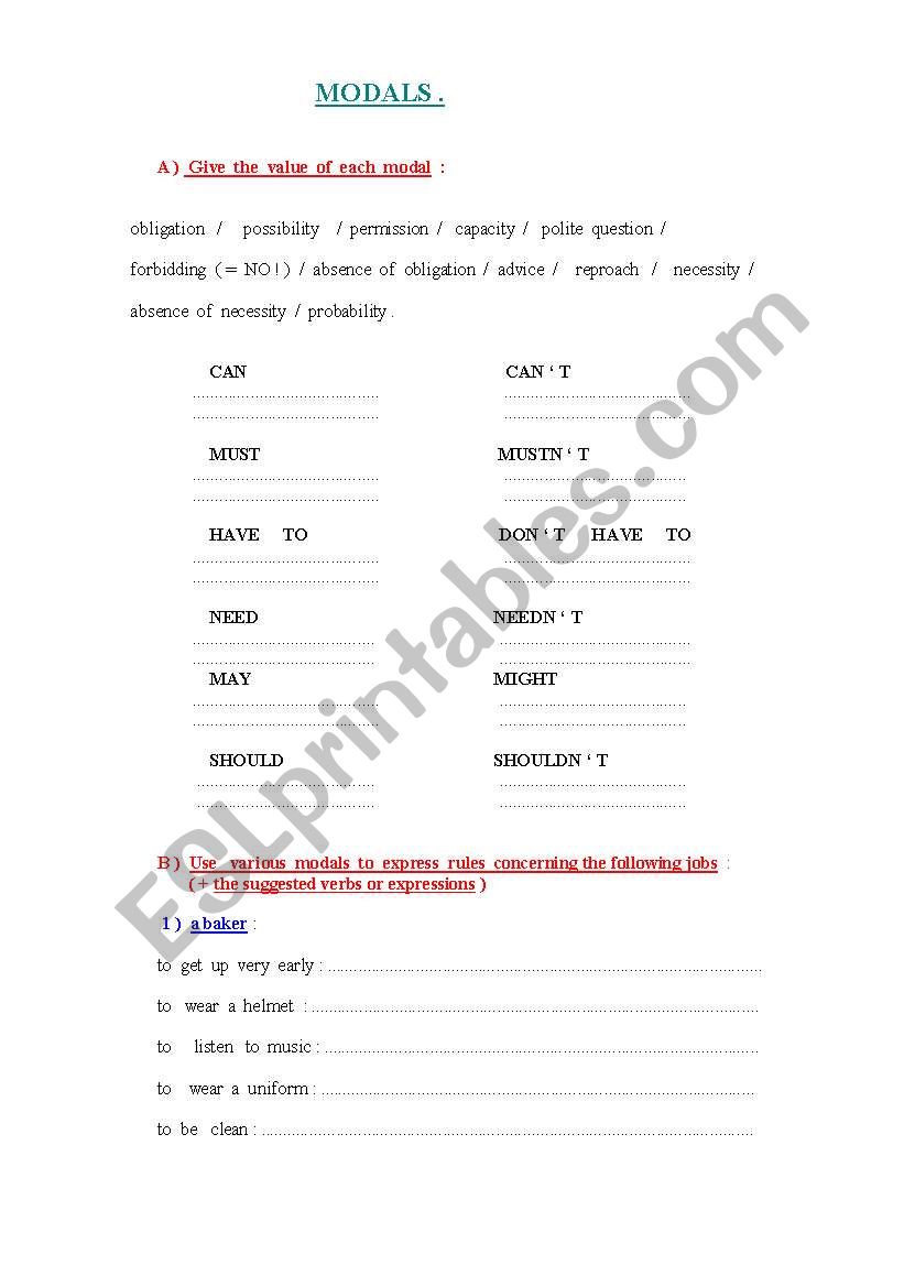 MODALS - Two pages worksheet