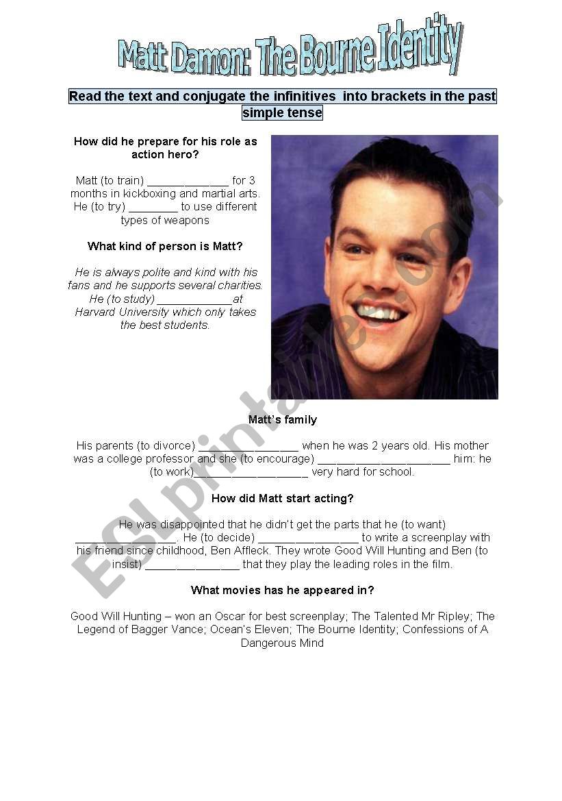 SIMPLE PAST WITH MATT DAMON worksheet