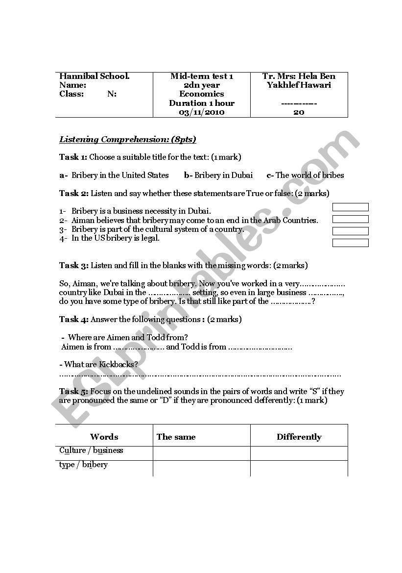 1 st Mid-term test for 2st year pupils 