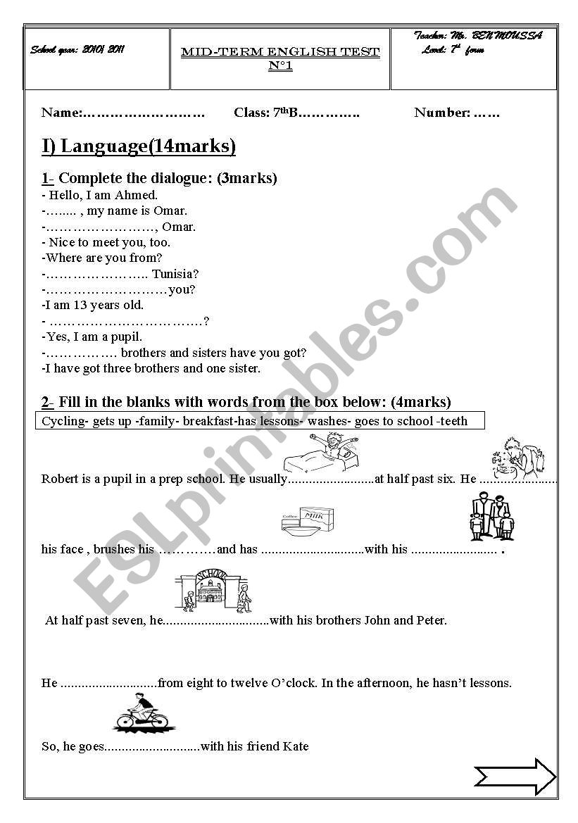 7 th year mid term test n1 2010/2011