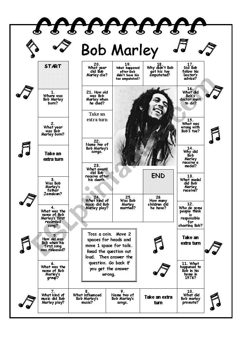 Bob Marley trivia game, reading comp,  questionnaire and  key