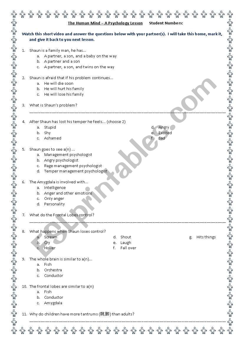 Human Mind video clip  (worksheet) 