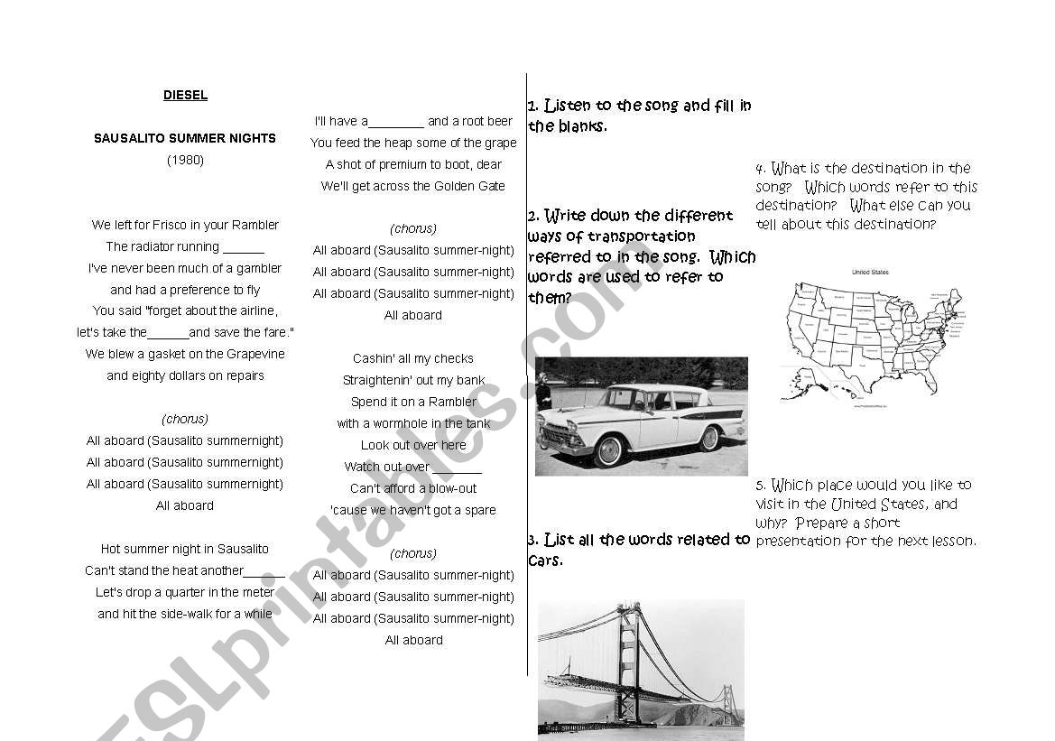 Song Sausalito Summer worksheet