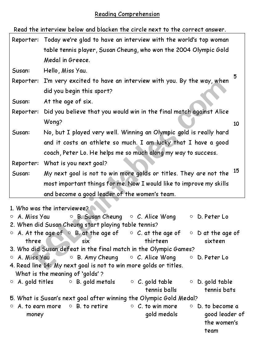 Reading Comprehension worksheet