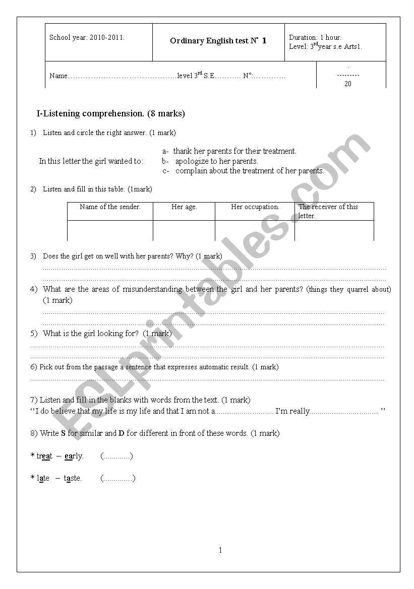 Test for 3rd year secondary education.