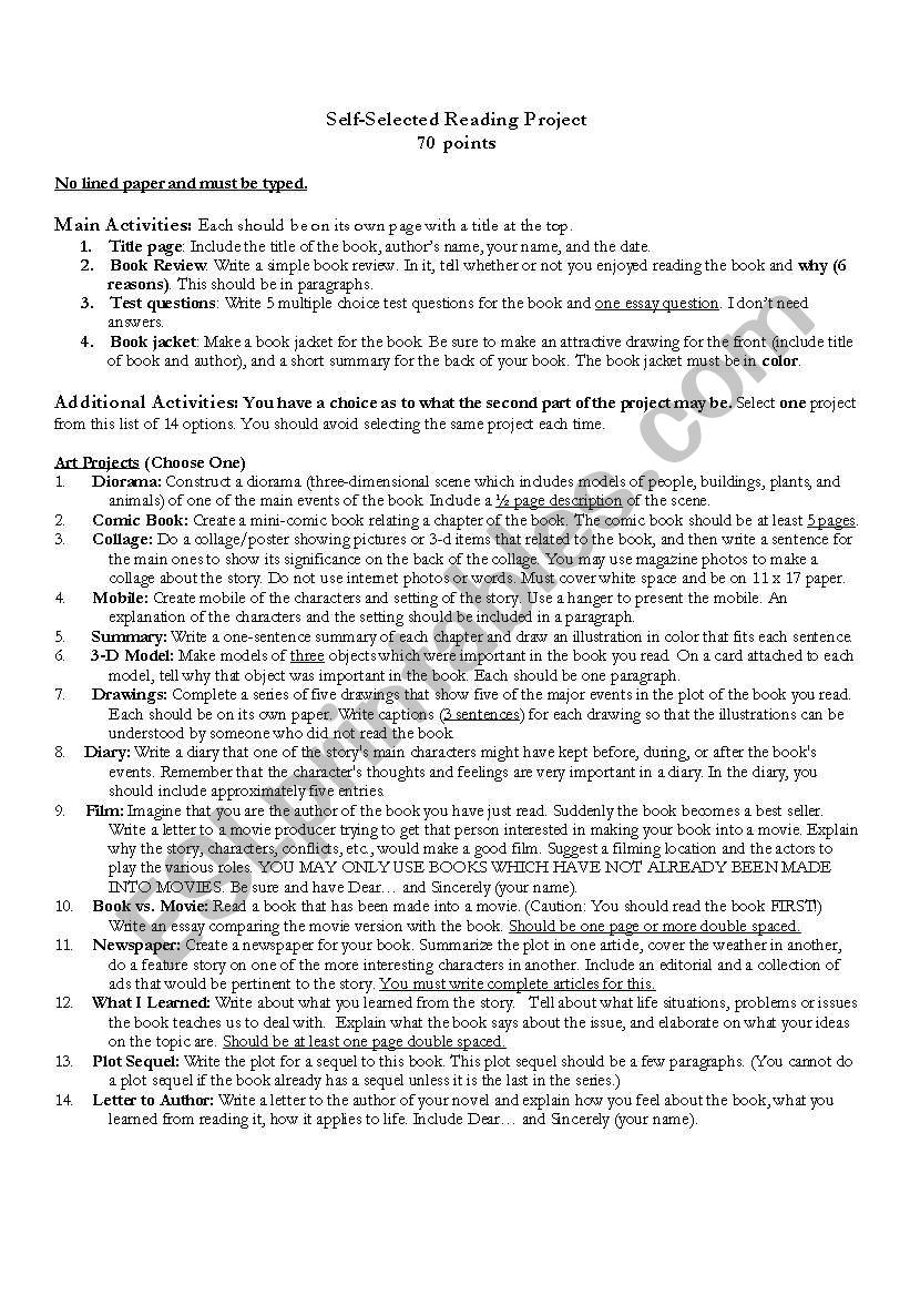 Reading Project worksheet